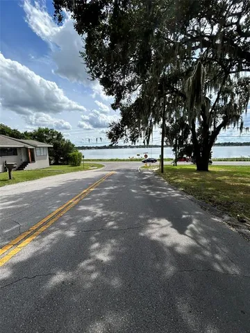 a view of road with large trees