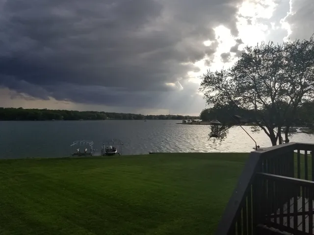 a view of a lake from a yard