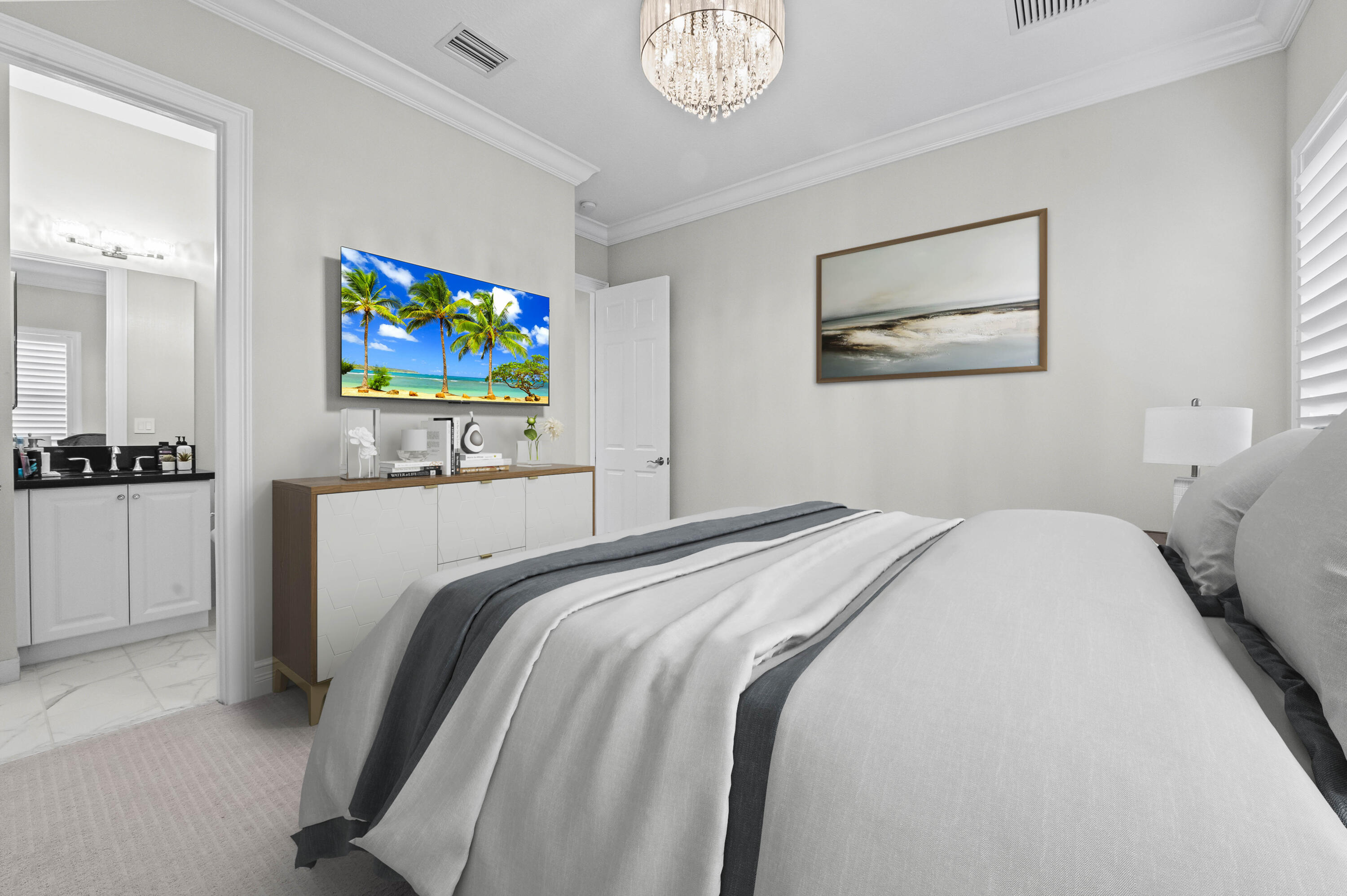 9795 Rennes Lane Delray Beach, FL 33446 - Photo 20 of 79 a bedroom with bed and paintings on the wall