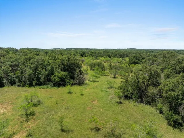 a view of a green field with trees in the background
