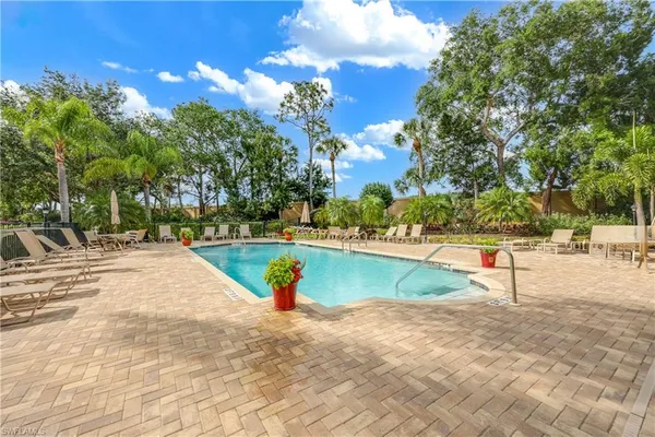 a view of a park with large trees