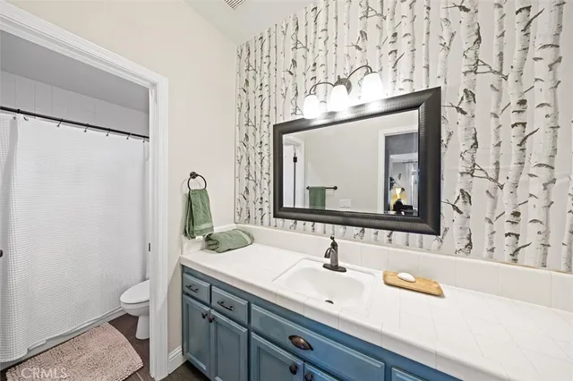 a bathroom with a sink vanity and a mirror