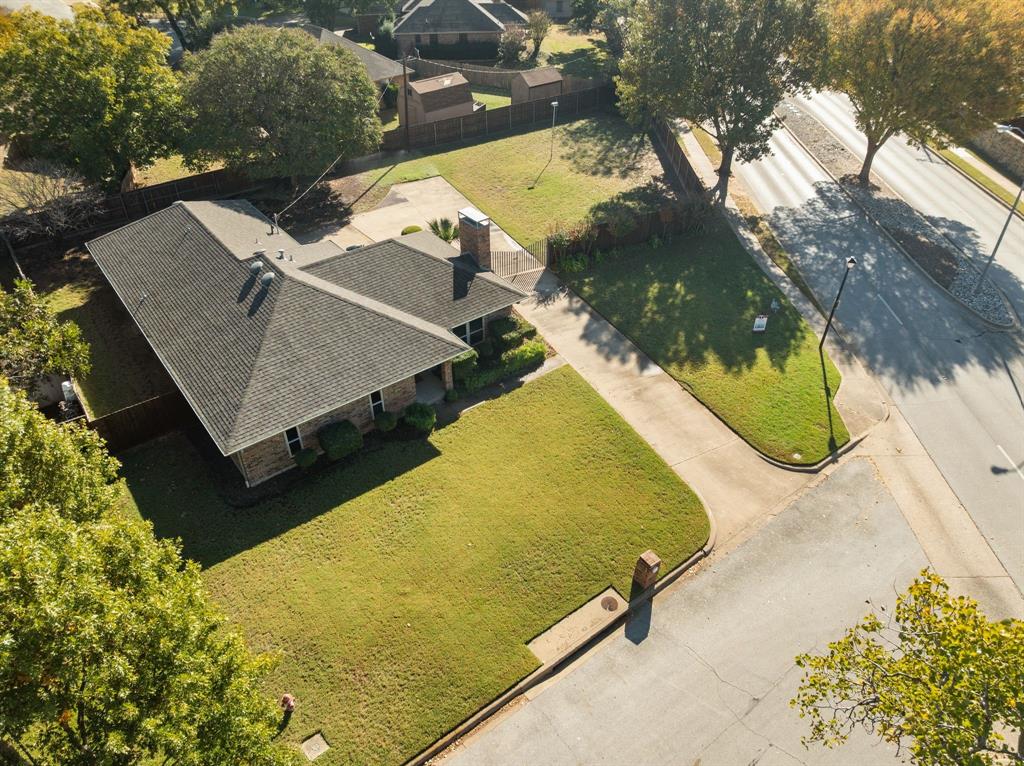 an aerial view of a swimming pool