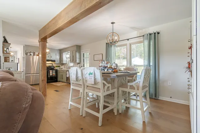 a view of a dining room with furniture window and outside view