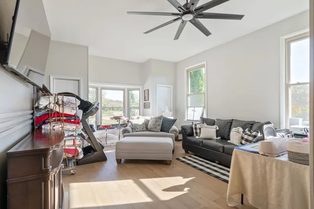 a outdoor space with patio furniture and a fireplace