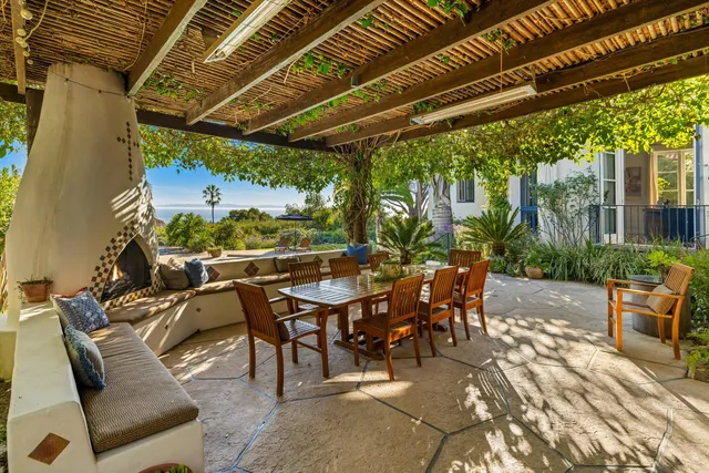 an outdoor space with seating