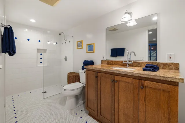 a bathroom with a sink a toilet a mirror and shower curtain