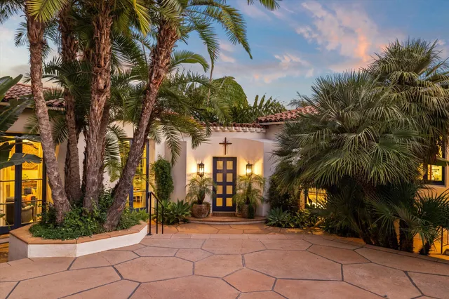 a row of palm trees in front of house