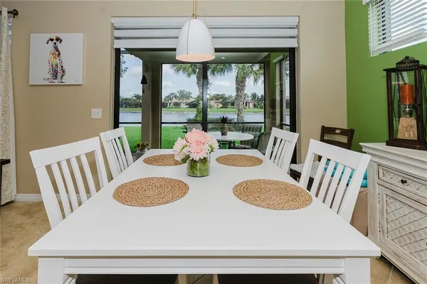 a view of a dining room with furniture