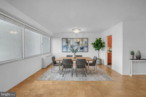 a view of a dining room with furniture