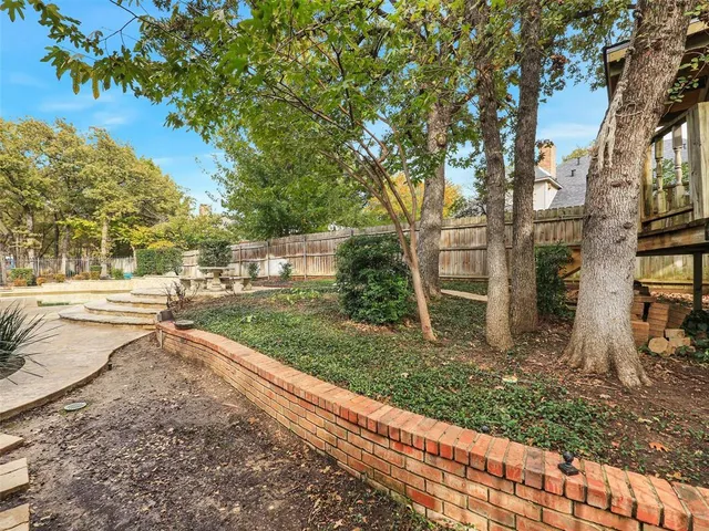 a view of a yard with plants and trees