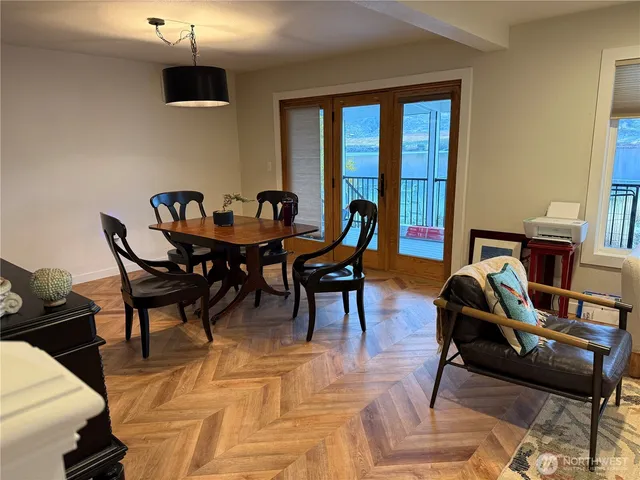 a view of a dining room with furniture