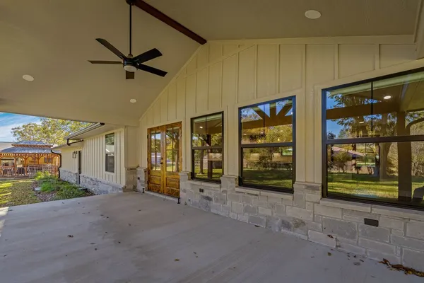 a view of a porch with a tv