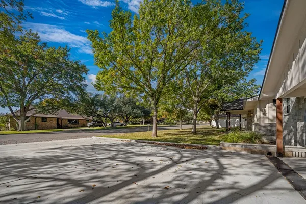 a view of a park with large trees