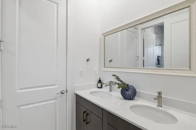 a bathroom with a sink mirror and vanity