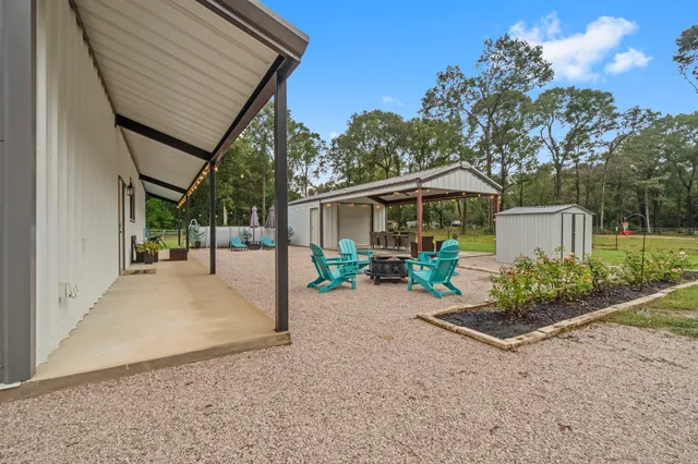 front view of a house with a patio