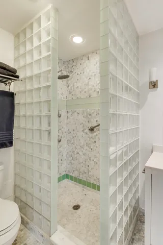 a bathroom with a shower and toilet