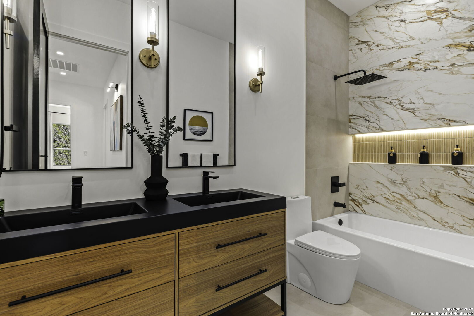 120 River View Boerne, TX 78006 - Photo 20 of 42 a bathroom with a granite countertop sink and a mirror