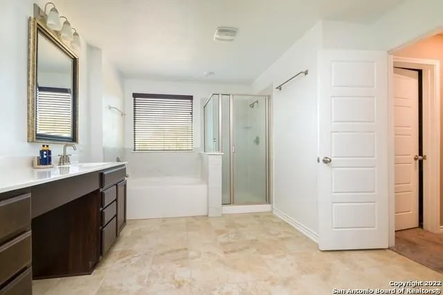 a bathroom with a double vanity sink a mirror and a shower