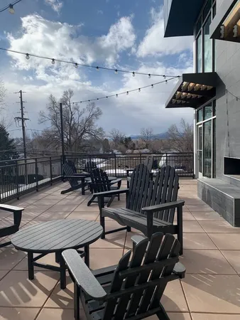 an outdoor space with seating