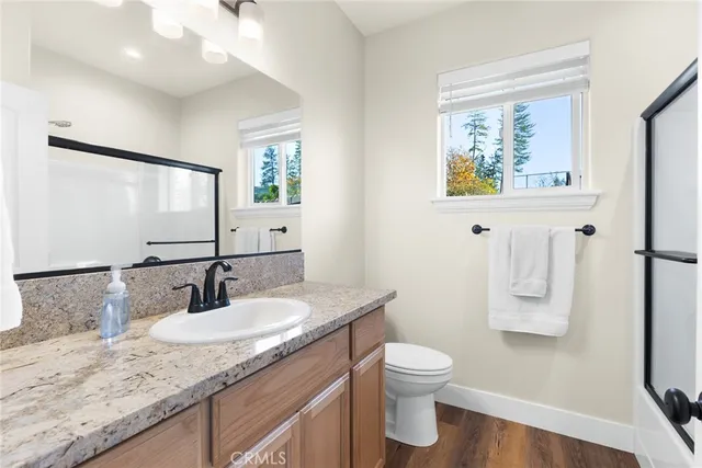 a bathroom with a granite countertop sink toilet and painting on the wall