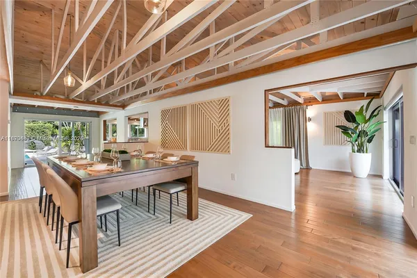 a view of a dining room with furniture window and wooden floor