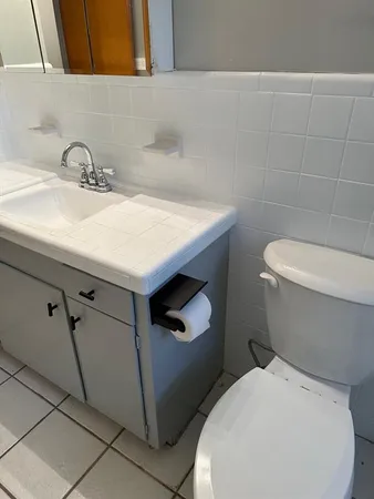 a bathroom with a sink a toilet and mirror