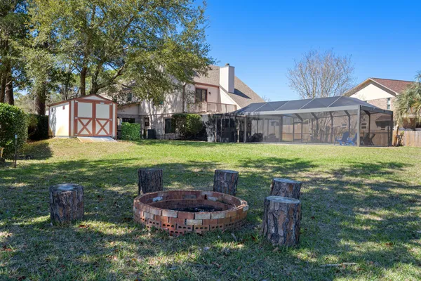 an aerial view of a house with a garden