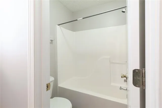 a bathroom with a shower and a toilet