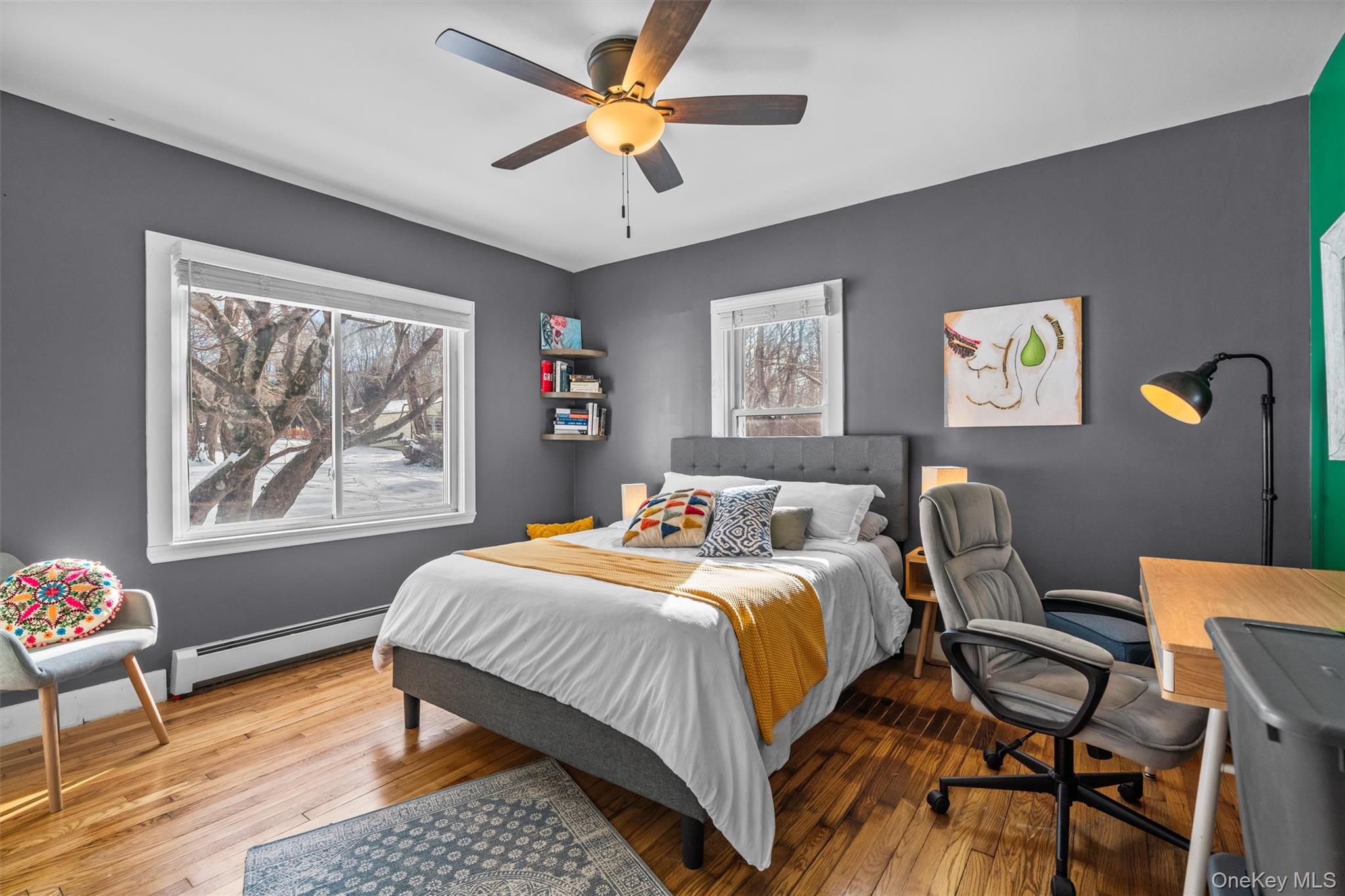 38 Post Hill Road Mountain Dale, NY 12763 - Photo 21 of 27 Bedroom featuring hardwood / wood-style floors, a baseboard radiator, and ceiling fan