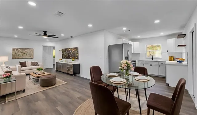 a view of a dining room with furniture