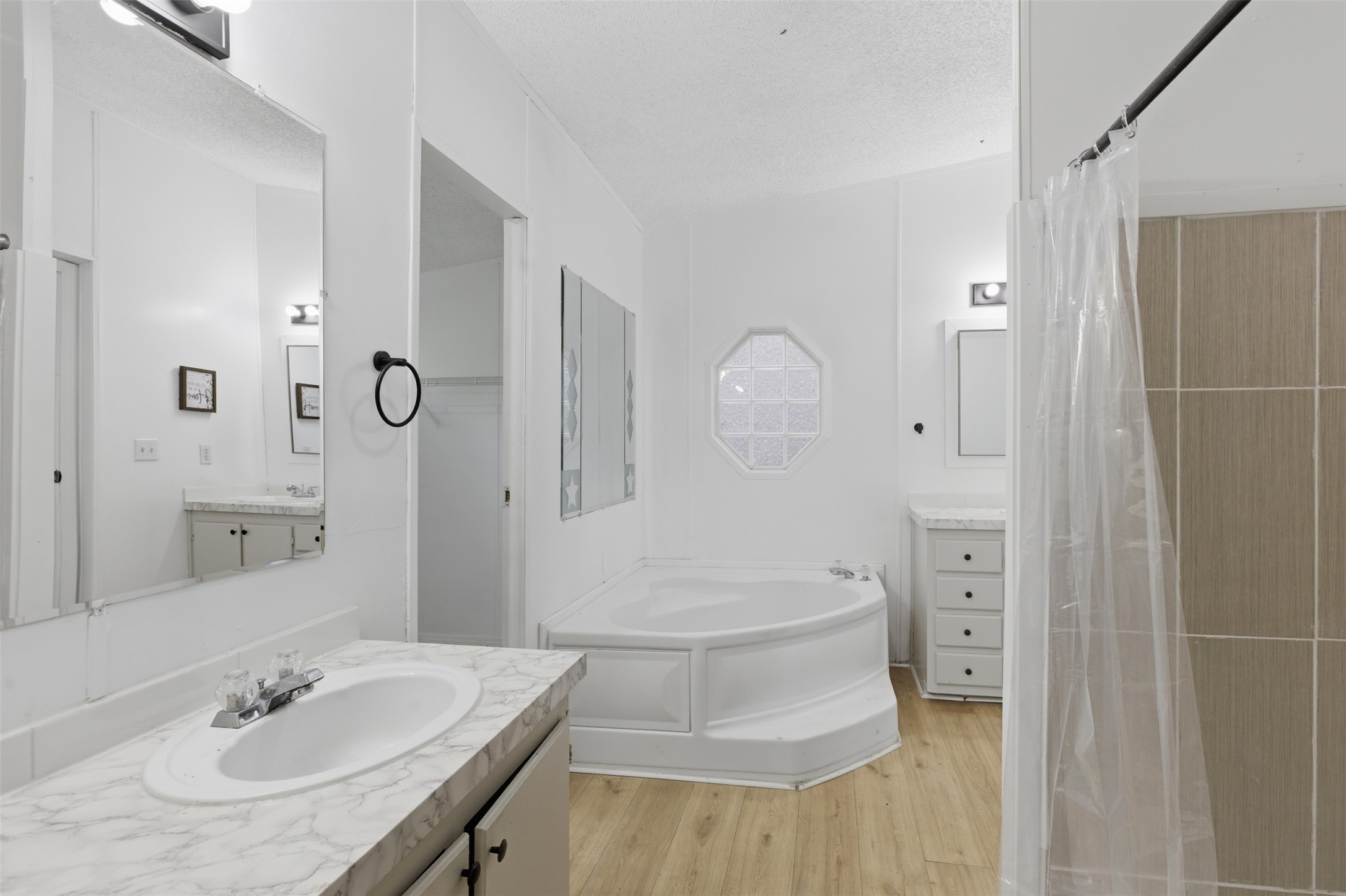 376 Rae Lane, Unit A Jarrell, TX 76537 - Photo 23 of 31 Spacious bathroom featuring a corner soaking tub, dual vanity areas with ample storage, a tiled shower, and wood-finish flooring