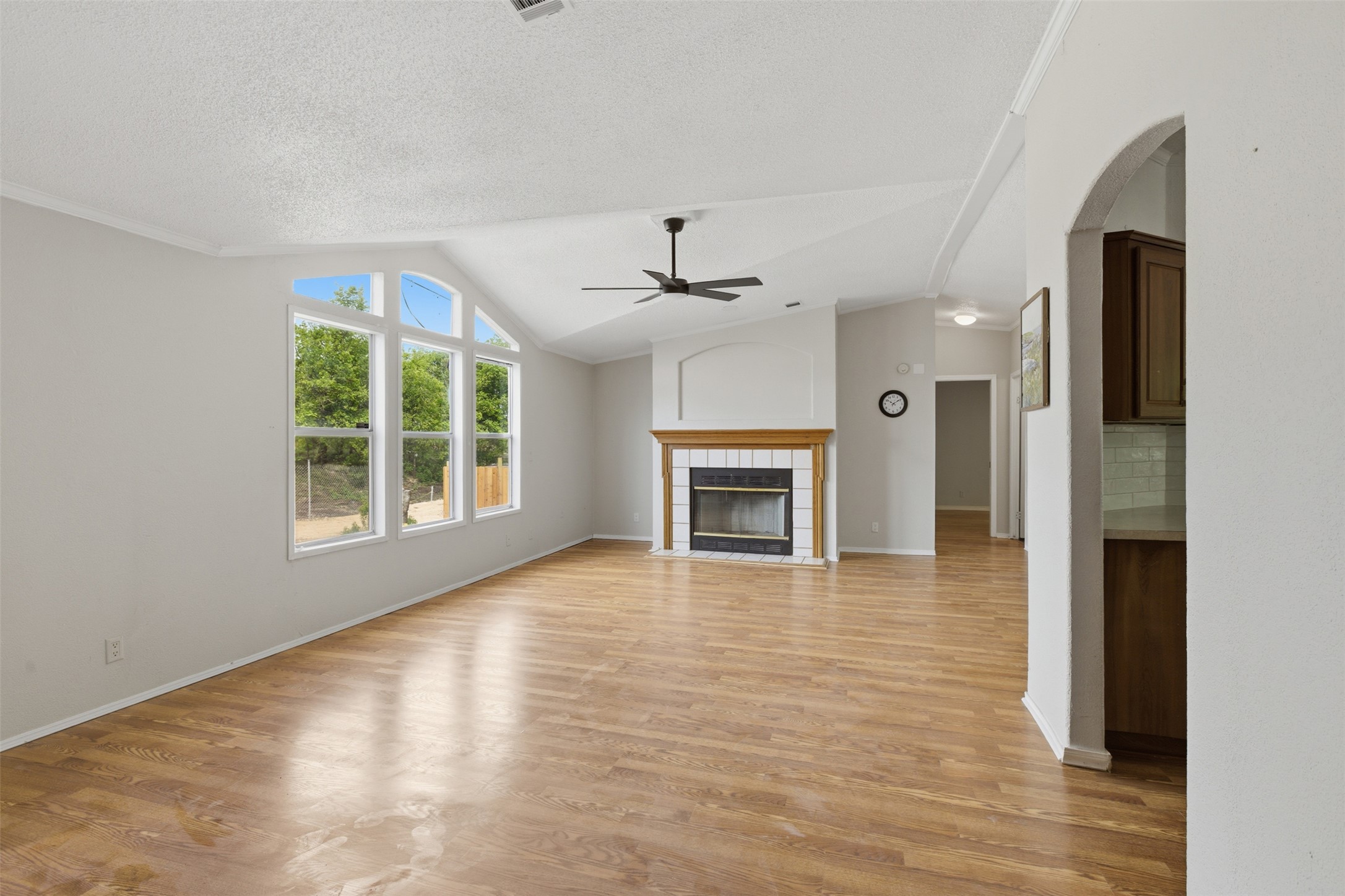 376 Rae Lane, Unit A Jarrell, TX 76537 - Photo 10 of 31 Bright living area featuring wood-finish flooring, vaulted ceilings, and a distinctive arched window arrangement