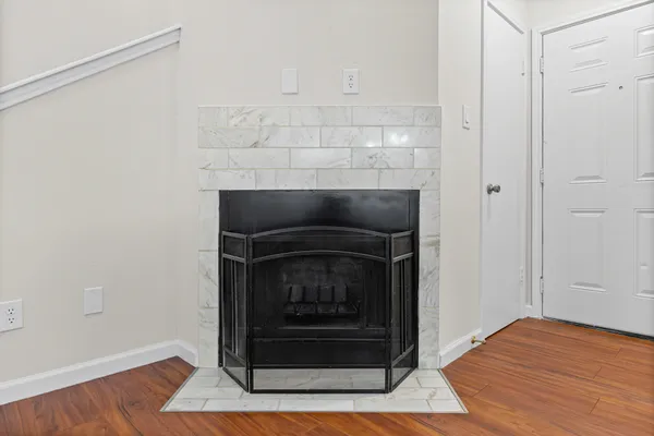 a room with a fireplace