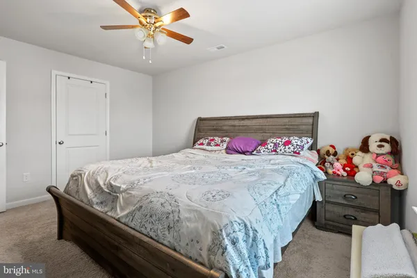 a bedroom with a bed and closet