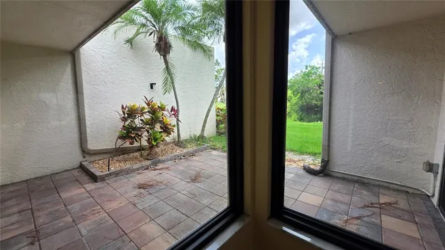 a view of a porch with a potted plant