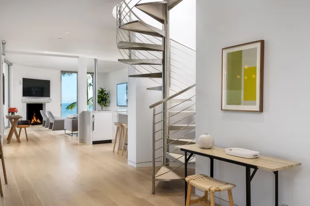 a view of a livingroom with furniture and a potted plant