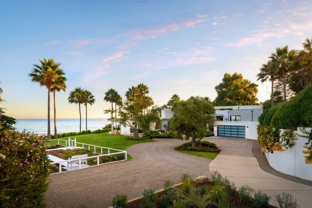 a view of a backyard with a garden and palm trees