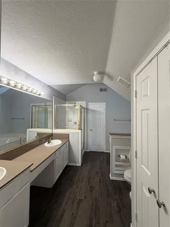 a spacious bathroom with a granite countertop sink a toilet a mirror and shower
