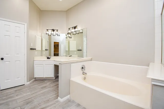 a bathroom with a bathtub sink and mirror
