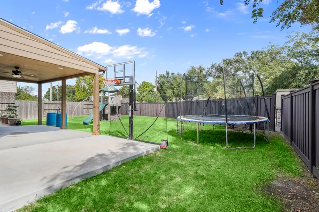 a garden view with a seating space