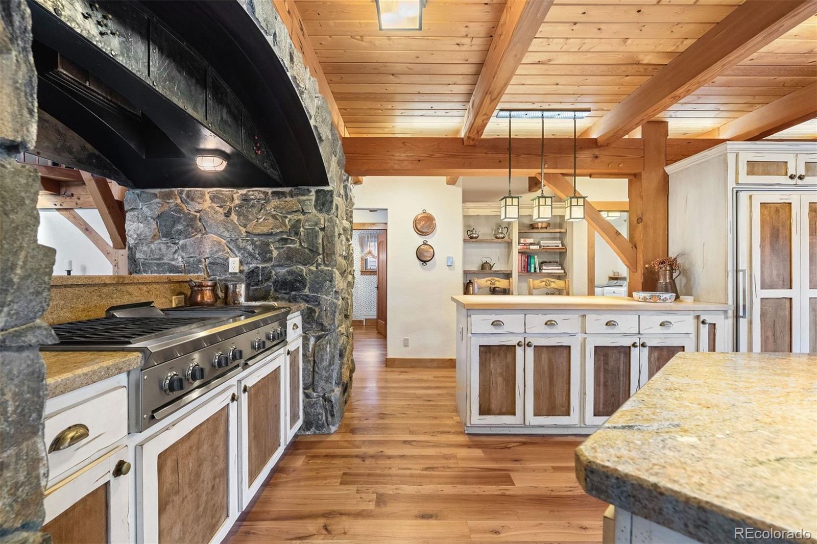 80 Elk Crossing Lane Evergreen, CO 80439 - Photo 21 of 49 a kitchen with stainless steel appliances granite countertop a stove and a wooden cabinets
