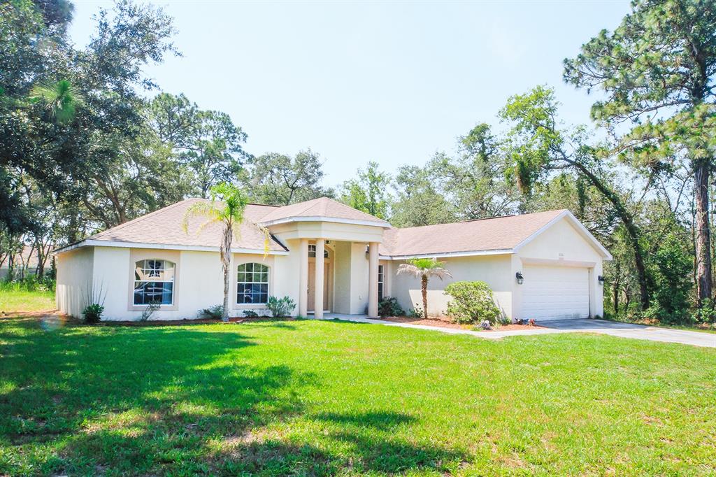 a front view of house with yard and green space
