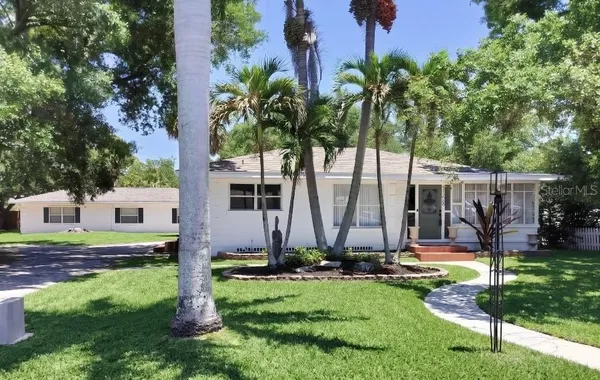 a view of backyard with palm trees and plants