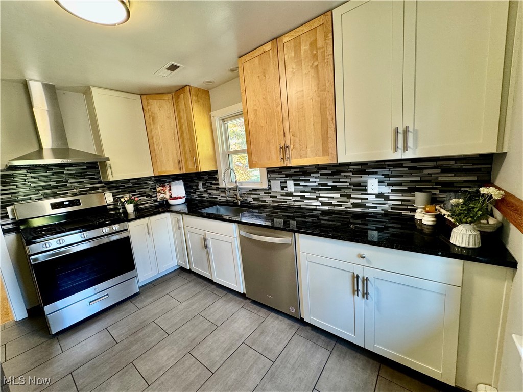 1729 East Pleasant Valley Road Independence, OH 44131 - Photo 14 of 41 Kitchen with range hood, stainless steel appliances, backsplash, sink, and white cabinets