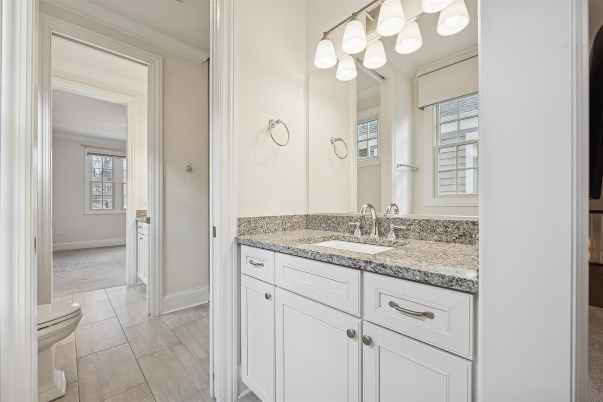 726 Lincoln Street Evanston, IL 60201 - Photo 25 of 46 a bathroom with a granite countertop sink a mirror and a shower