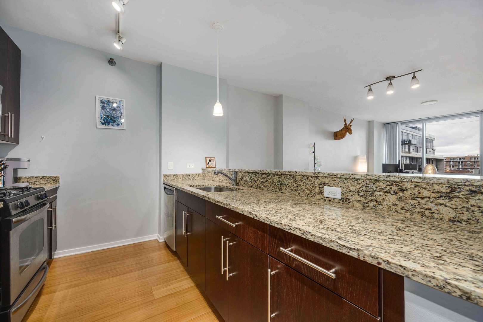 123 South Green Street, Unit 710B Chicago, IL 60607 - Photo 11 of 17 a kitchen with granite countertop a sink stove and cabinets