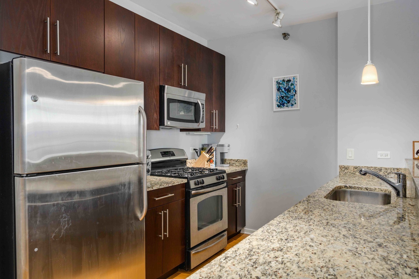 123 South Green Street, Unit 710B Chicago, IL 60607 - Photo 9 of 17 a kitchen with stainless steel appliances granite countertop a refrigerator a stove a sink and a microwave