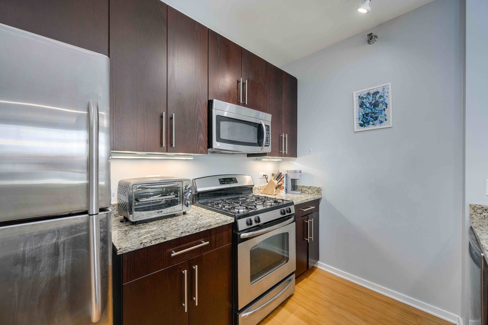 123 South Green Street, Unit 710B Chicago, IL 60607 - Photo 10 of 17 a kitchen with granite countertop a stove top oven and cabinets