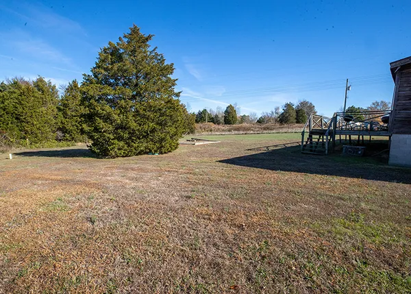 a view of a field of grass and trees